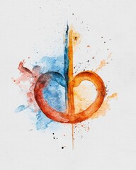 Poster - Abstract artistic representation of a heart symbol in vibrant watercolor splashes of blue and orange hues