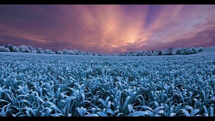 Poster - a surreal infrared landscape with frosty blue trees and a warm-toned sky, creating a dreamy and otherworldly atmosphere