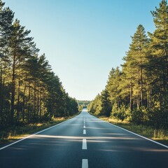 Fototapete - Straight road stretches through dense forest under clear blue sky. Generative AI