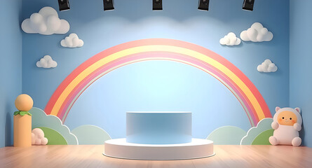 Background podium baby cute product 3d cloud kid children display banner room toy design blue. Podium scene background rainbow baby stand studio presentation shower template stage poster sky