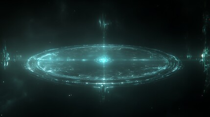Poster - Enigmatic Cybernetic Structure with Glowing Elements in a Futuristic Virtual Reality Space Scape