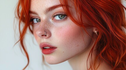 Aufkleber - A young woman poses gracefully with striking red hair and mesmerizing green eyes. Her freckled skin and subtle makeup accentuate her natural beauty in a serene, simple backdrop