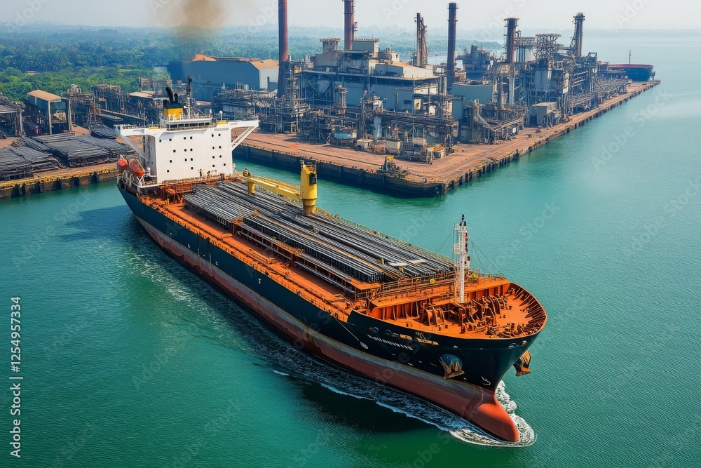 Aerial view of a cargo ship transporting steel from mill to port ...