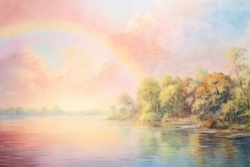 Wall Mural - Rainbow over the river painting backgrounds landscape.