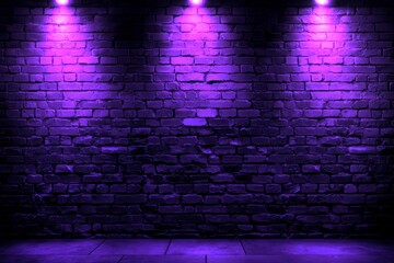 Wall Mural - An urban brick wall illuminated by vibrant purple neon light.
