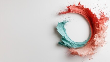 Poster - Vibrant Splash of Aqua and Coral Paint Creating Dynamic Circle on White Background for Artistic and Creative Concepts