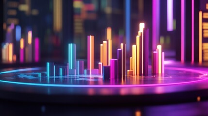 Wall Mural - Neon city skyline data visualization on circular platform.