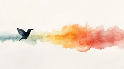 Poster - Hummingbird in Flight with Colorful Watercolor Splash in Orange, Yellow, Green, and Blue Tones