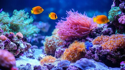 Poster - Dive into an enchanting aquatic world filled with diverse coral formations and playful tropical fish swimming amidst vivid colors. This serene underwater ecosystem thrives under sunlight