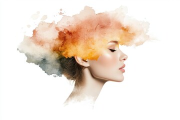 Poster - Woman's Profile Silhouette with Abstract Watercolor Clouds of Colorful Hues Representing Creativity and Imagination