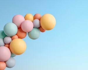 Poster - Vibrant Colorful Bubbles Against Clear Blue Sky Creating a Joyful and Whimsical Atmosphere in Nature