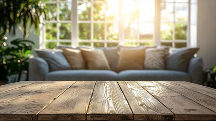 Poster - Sunlight streams through large windows, illuminating a wooden table in a cozy living room. A comfortable sofa invites relaxation amidst lush indoor plants, creating a serene atmosphere