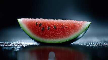 Wall Mural - Floating Watermelon Slice On Black Reflective Surface With Sparkling Details