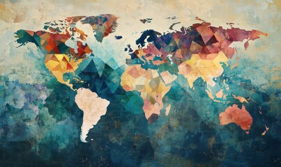Poster - Colorful Geometric World Map with Abstract Design and Textured Background