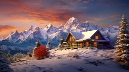 Poster - light snow mountain house