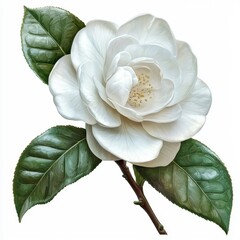 Wall Mural - Elegant White Camellia Flower with Lush Green Leaves on a Simple Background