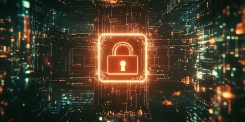 Poster - Digital Lock Icon in Futuristic Cyber Environment with Glowing Data Streams