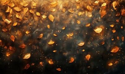 Poster - Golden autumn leaves swirling in dark atmospheric background with glowing particles