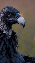 Poster - A black vulture scanning its surroundings, with vibrant orange flowers gently swaying in the wind against a muted desert backdrop