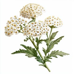 Wall Mural - Detailed Illustration of White Yarrow Flowers with Green Leaves on a White Background