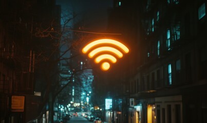 Poster - WiFi symbol glowing in urban night scene with buildings and street lights