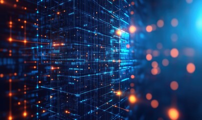 Poster - Digital Data Stream Visualization with Glowing Blue and Orange Lights