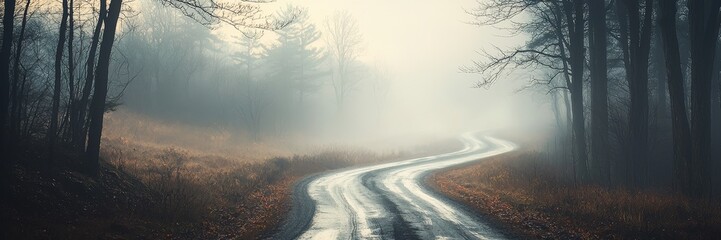 Wall Mural - Rain and thunderstorms nature clouds, A winding, foggy road through a serene forest landscape, evoking a mysterious and tranquil atmosphere.