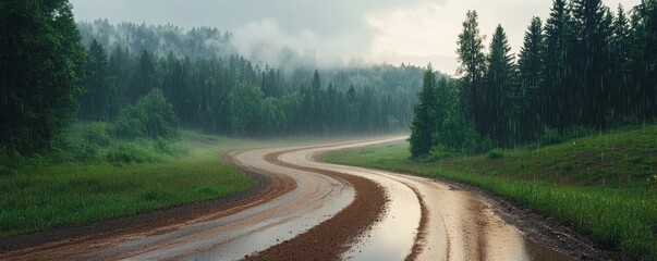 Wall Mural - Rain and thunderstorms nature clouds, A winding dirt road through a lush, rainy forest landscape under a cloudy sky.