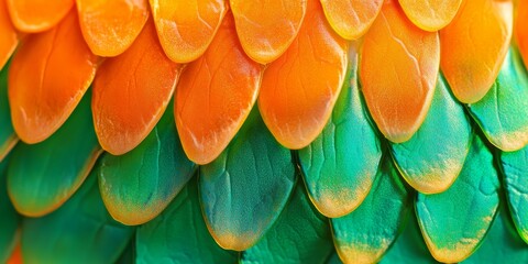 Poster - Vibrant green-orange bird feathers closeup