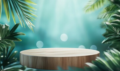Poster - Wooden display platform surrounded by lush tropical foliage and soft bokeh background