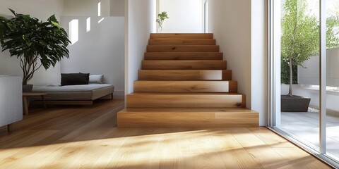 Wall Mural - Modern wooden staircase leading to bright living space with natural light and greenery