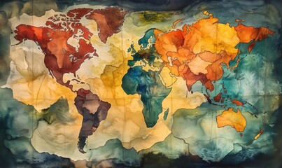 Poster - World Map with Colorful Regions Depicting Various Geographical Areas and Features