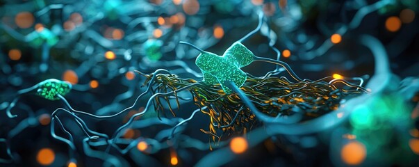 Poster - Marine research microscopic concept. A vivid abstract representation of interconnected neurons and synapses in the brain.