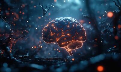 Poster - Illuminated Brain in Ethereal Environment with Glowing Particles and Dark Background