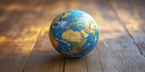 Poster - Realistic globe depicting Earth with detailed continents and oceans on wooden surface