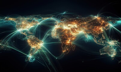 Poster - Global Connectivity Visualization with Illuminated Network Lines and Data Flow Across Continents