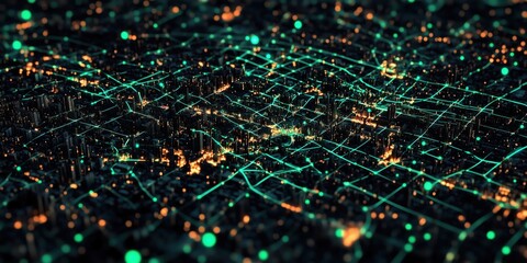 Poster - Digital cityscape with glowing network connections and illuminated buildings at night