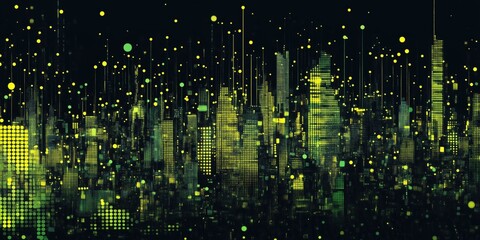 Poster - Digital city skyline with vibrant green and yellow dots representing data visualization