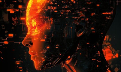 Poster - Futuristic AI Human Face with Circuitry and Neon Glow
