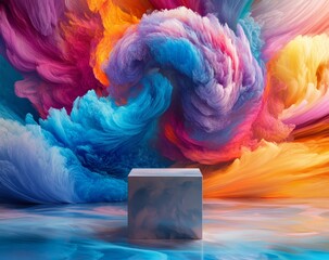 Poster - Colorful swirl backdrop, cube platform, studio, product display