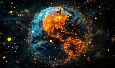 Poster - Glowing Earth with Network Connections and Data Flow Visualization