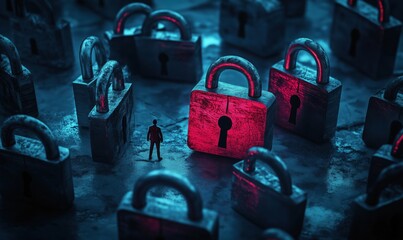 Fototapete - Security locks surrounding a small figure in a dark, blue-toned environment