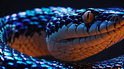 Poster - A neon-lit snake slowly shifting its gaze, with shimmering scales reflecting vibrant blue and orange lights in a surreal atmosphere