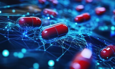 Poster - Red capsules on digital network background representing pharmaceutical technology and innovation