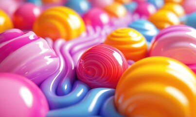 Aufkleber - Colorful glossy spheres and swirls in vibrant pink, orange, and blue hues
