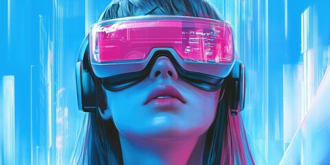 Poster - Futuristic woman wearing VR headset in neon blue and pink cyberpunk environment