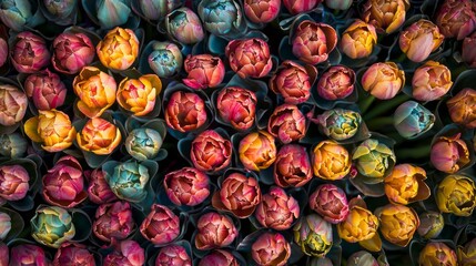 Aufkleber - A stunning array of tulips in various shades fills the frame, showcasing their delicate petals and lush green stems. This joyful collection brings spring to life, inviting admiration and inspiration