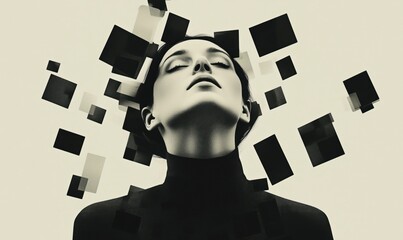 Poster - Abstract portrait of woman with floating geometric shapes, monochrome aesthetic, modern art