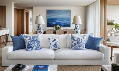 Canvas Print - Elegant modern living room with white sofa, blue decorative pillows, and stylish decor