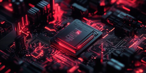 Poster - Futuristic red-lit microprocessor on circuit board with intricate details and glowing elements